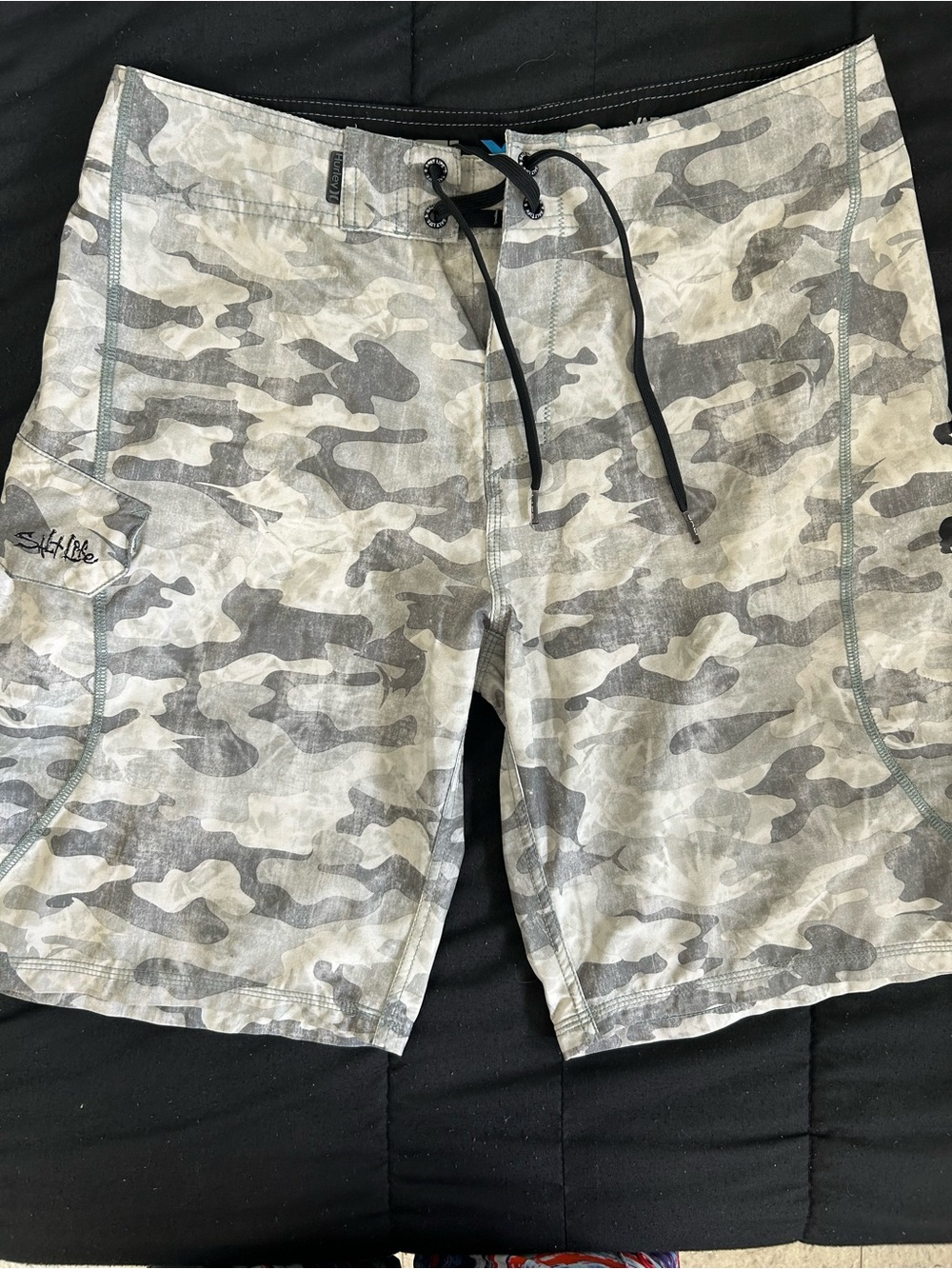 Salt Life SLX-QD Gray Camo Board Shorts with Black Drawstring